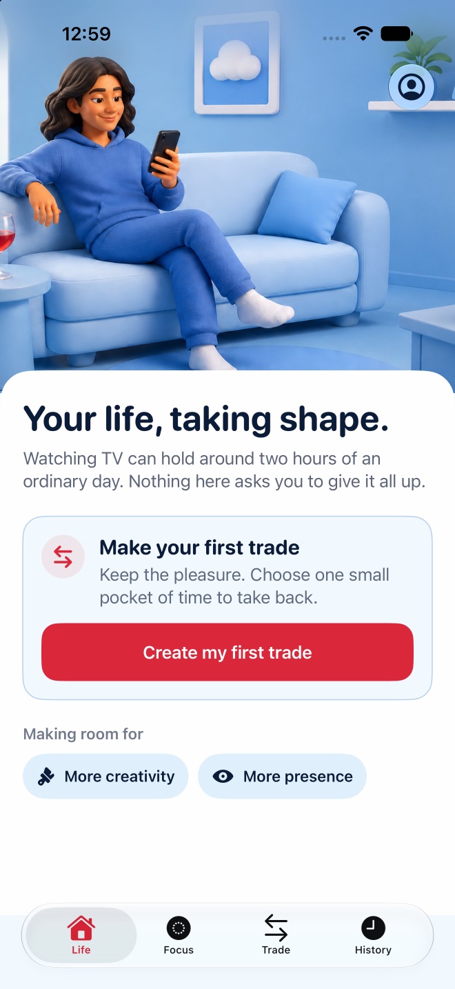 The Indulge Life screen, with a character resting in a soft blue room
